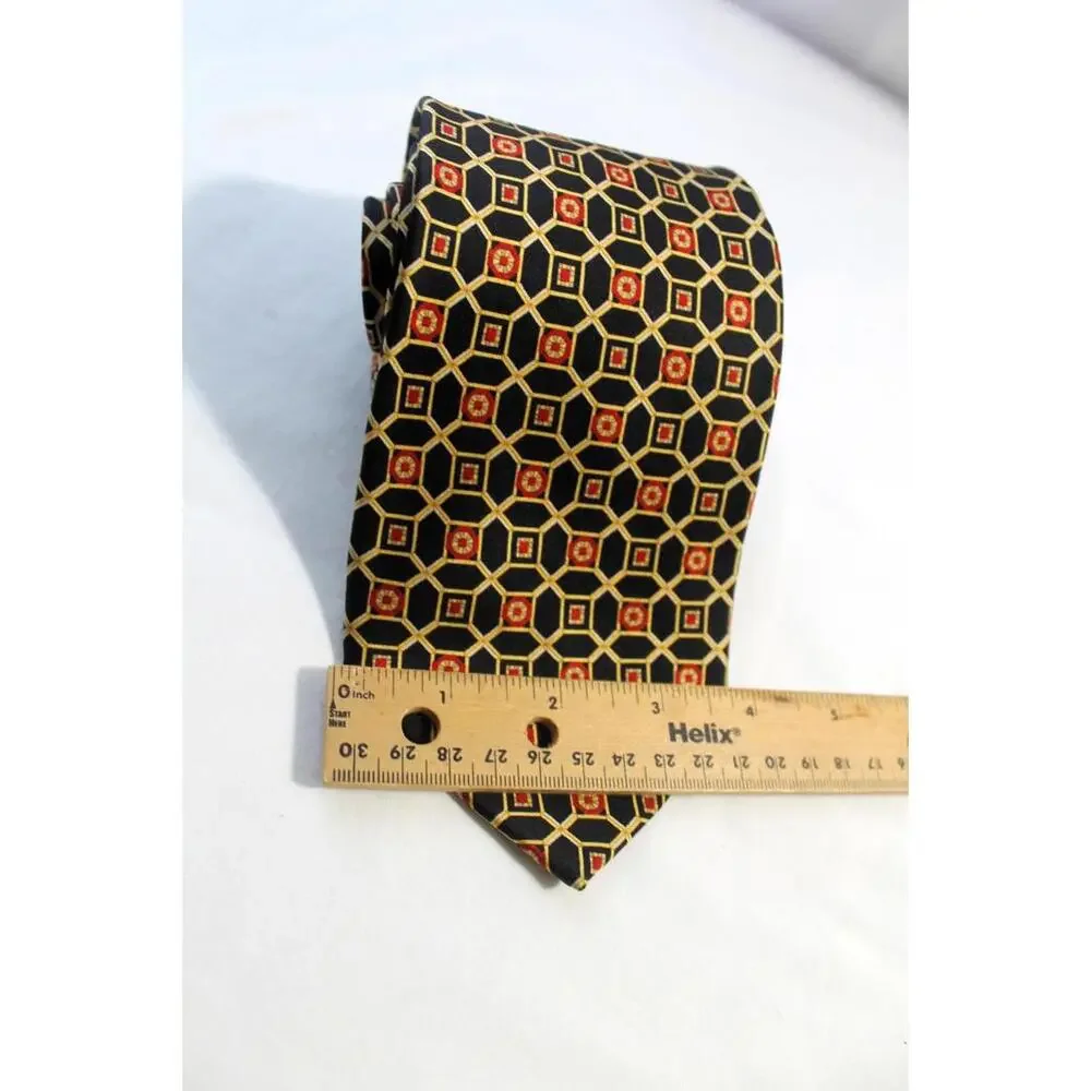 Brown & Church Silk Necktie, Black/Gold/Red Geometric, 3.75 X 58 Inches